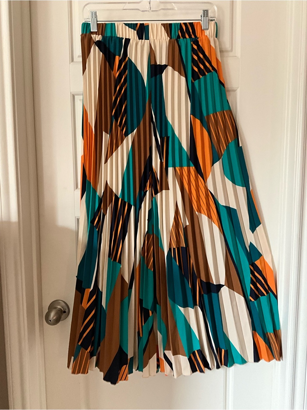 Pleated Geometric Print Midi Skirt in Teal, Orange & Brown
